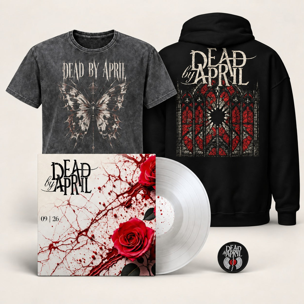 Cathedral bundle: signed 09|26 vinyl, Cathedral hoodie, As a Butterfly T-shirt and Broken Record embroidered patch