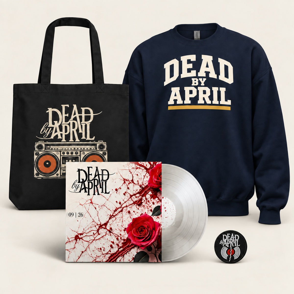 Night Shift bundle: signed 09|26 vinyl, navy Night Shift sweatshirt, Rehearsal tote bag and Broken Record embroidered patch