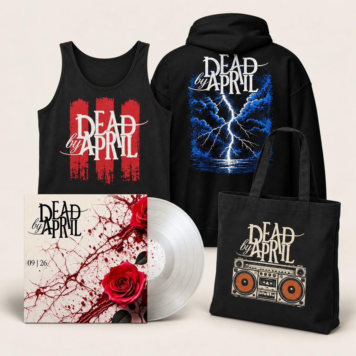 Storm Signal bundle: signed 09|26 vinyl, Storm Signal hoodie, Redline tank top and Rehearsal tote bag